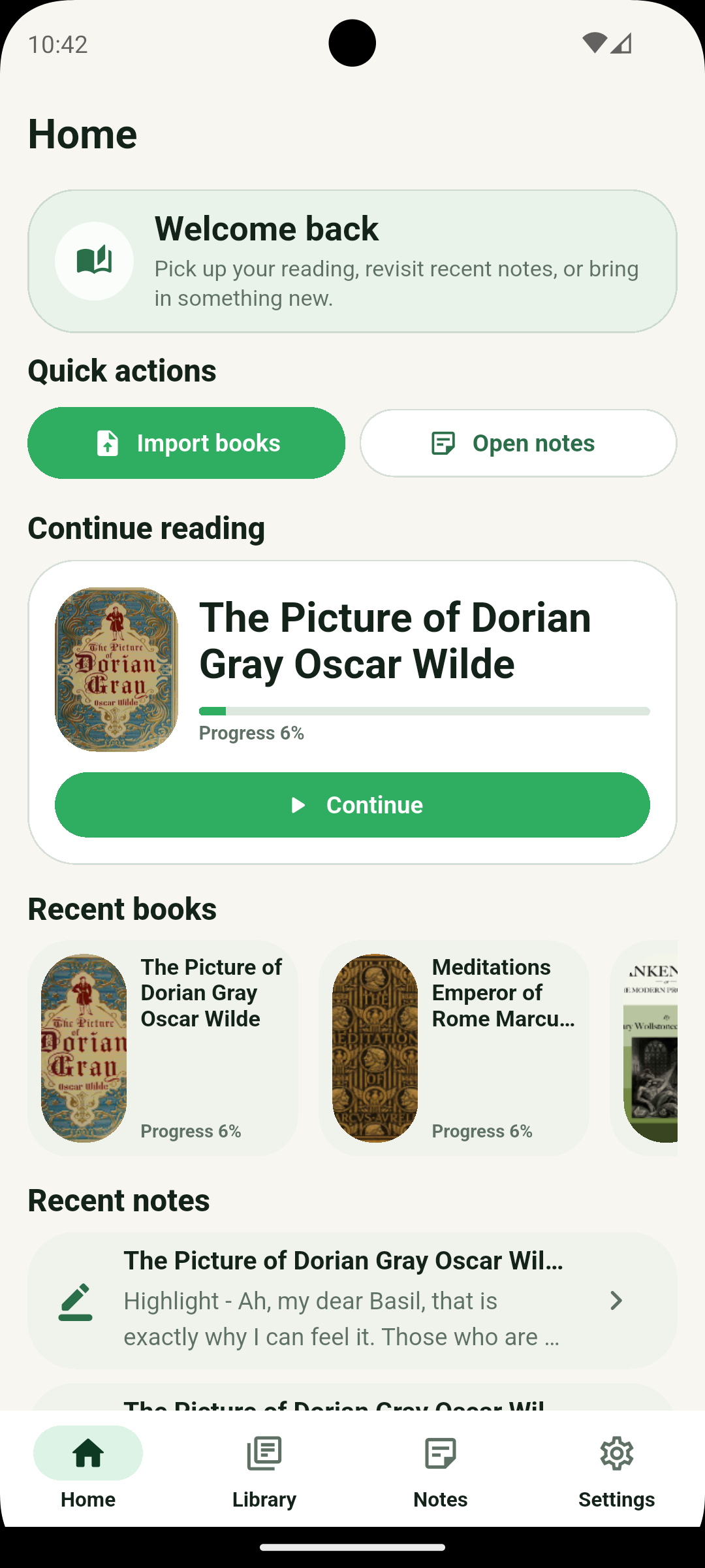 Qurtix home showing reading progress, recent books and notes.