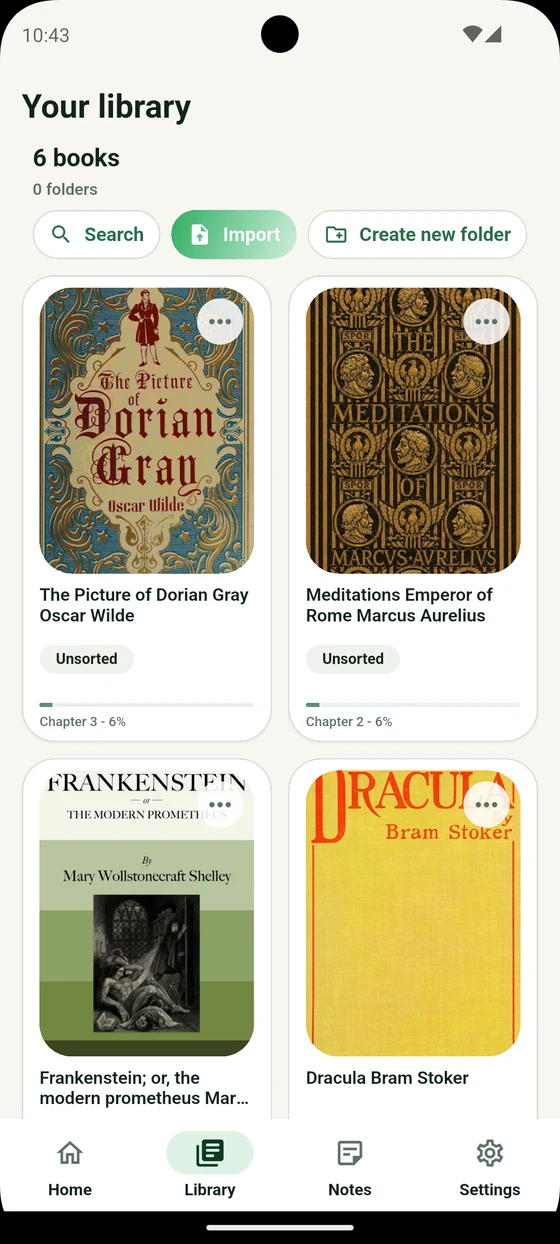 Qurtix library in English with six books, reading progress, search, import and a create-folder control; no folders yet.