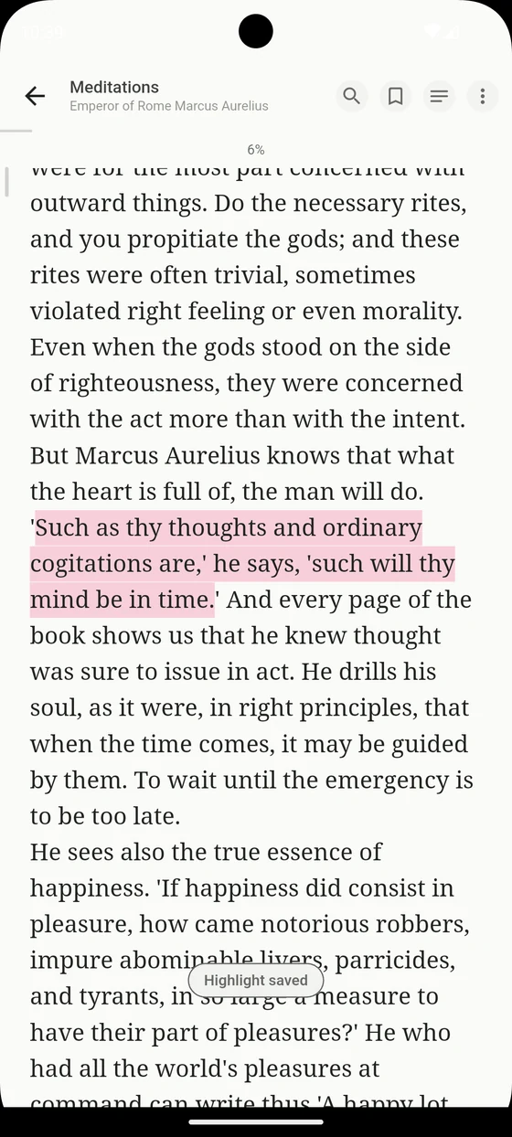 Qurtix reader showing Meditations at 6% progress, a pink highlighted passage and the Highlight saved confirmation.