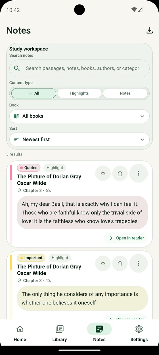 Qurtix notes in English with search, content and book filters, categorized highlights, favorite controls and links back to the reader.